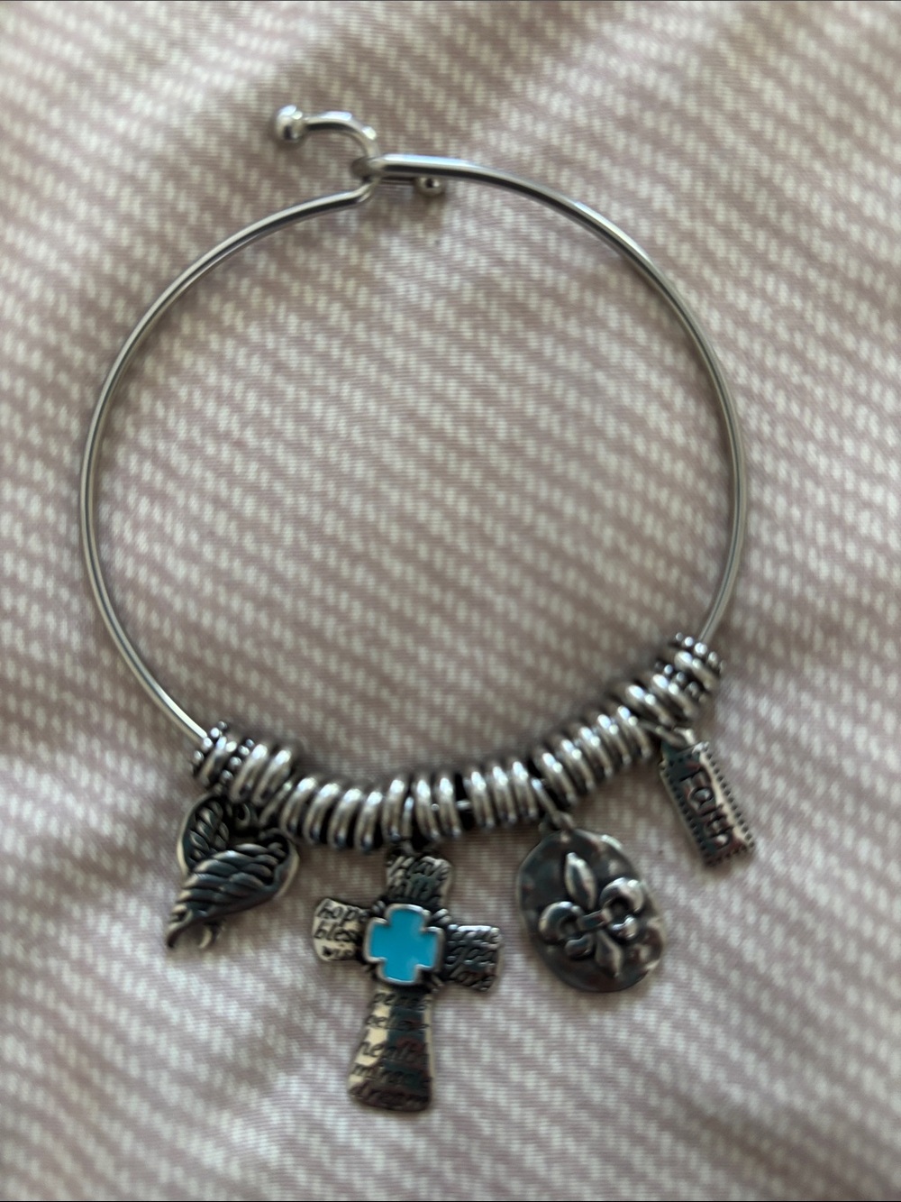Silver-Tone Charm Bracelet with Turquoise Cross and Fleur-de-Lis